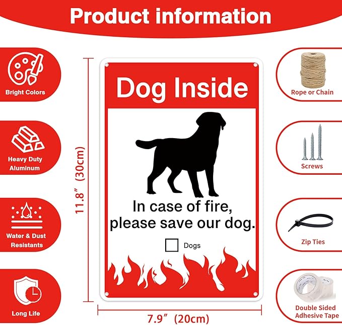 8" x 12" Aluminium Metal Sign Dog Inside - in Case of Fire Please Save Our Dog Security Sign Outdoor (107)