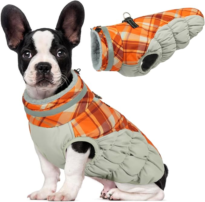 Lelepet Warm Dog Winter Coat Dog Coats for Medium Dogs Waterproof Dogs Jacket with Harness Built in Reflective Cold Weather Coats Windproof Zip-Up Winter Fleece Vest Snowsuit Dachshund Orange Plaid