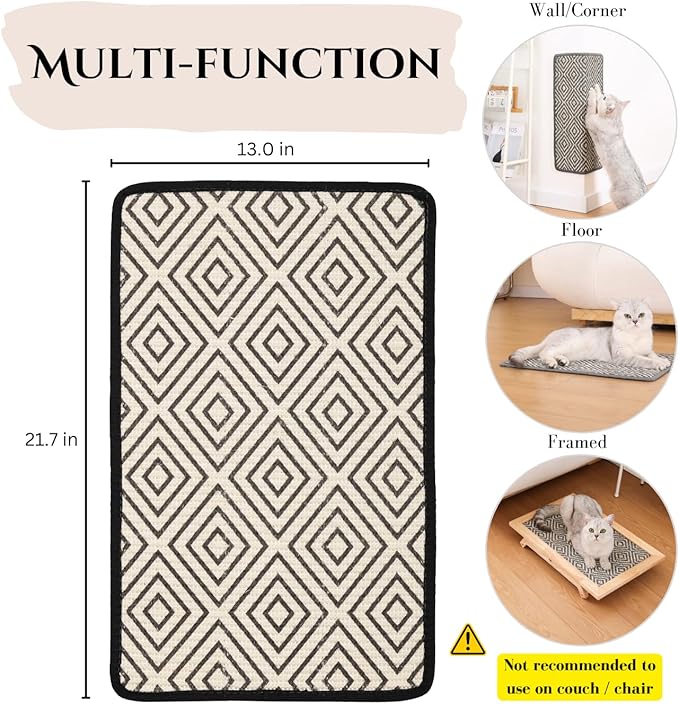 Boho Sisal Cat Scratcher Mat with Adhesive Strips (Scratch Protector for Carpet, Sofa, Wall, Corner Furniture), Durable and Shedding-Resistant Cat Scratching Surface - 13x21.7 inch (Diamond)