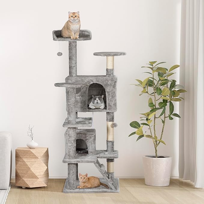 LEMY 54 Inch Cat Tree,Multi-Level Cat Tower Condo for Indoor Kittens,Light Grey Cat House with Sisal-Covered Scratching Post for Cats to Play and Sleep
