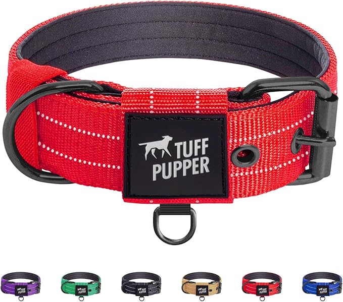 Tuff Pupper Heavy Duty Tactical Dog Collar | 1.25" Wide Ballistic Nylon | Reflective Stitching | Integrated ID Tag Holder | Stainless Steel Buckle | Padded Lining | Small & Medium Dogs (Red, Small)