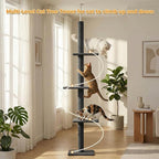 PAWZ Road Floor to Ceiling Cat Tree, Adjustable Height 89.8"-107.5" Tall Cat Tower with 3 Spacious Platforms, 3 Dark Grey Scratching Post for Indoor Cats