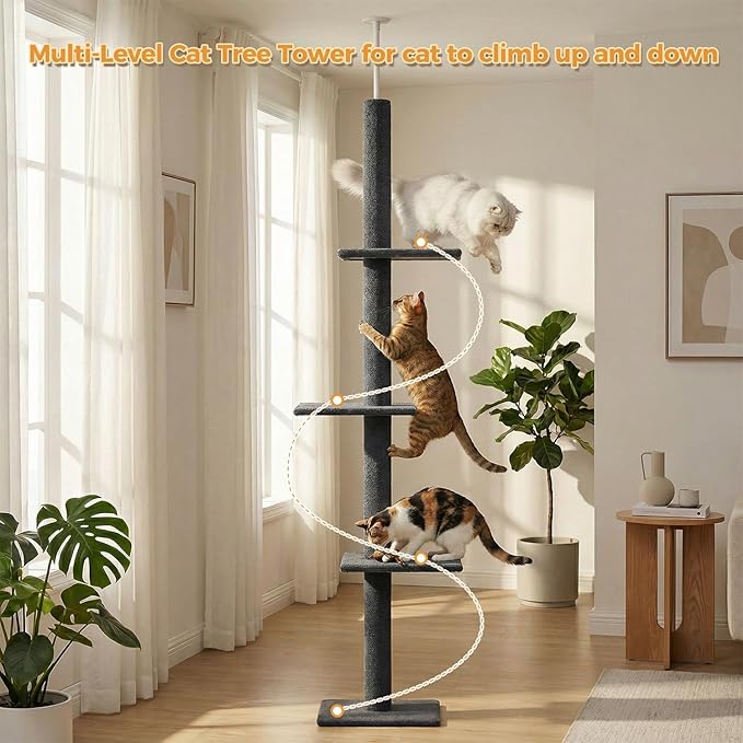 PAWZ Road Floor to Ceiling Cat Tree, Adjustable Height 89.8"-107.5" Tall Cat Tower with 3 Spacious Platforms, 3 Dark Grey Scratching Post for Indoor Cats