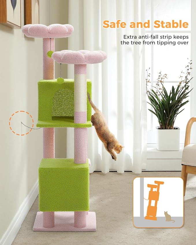 PEQULTI 53" Cat Tree for Indoor Cats, Multi-Level Cat Tower with Cozy Cat Condo Clearance Prime, Pink