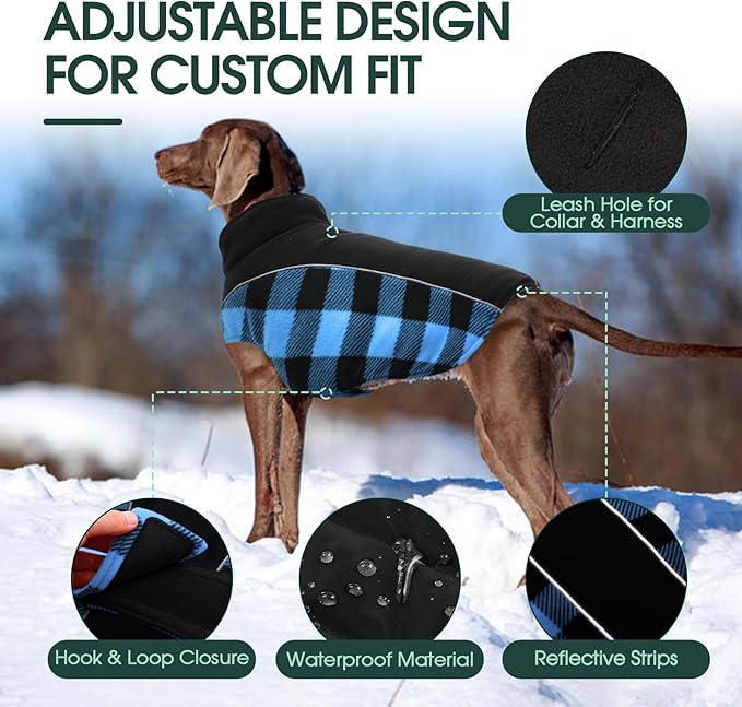 Kuoser Dog Winter Coat, Reversible Waterproof Dog Jacket with Leash Hole, Warm Dogs Fleece Vest Adjustable Doggy Cold Weather Clothes Plaid Christmas Outfit Pet Apparel for Extra Large Dogs, Blue 3XL