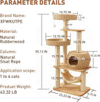 55" Wood Cat Tree for Indoor Cats Large Adult,Tall Cat Tower with Scratching Post and Cozy Hammock for Large Cat,Multi-Level Modern Cat Condo with Hand-Woven,Easy to Assemble and Clean