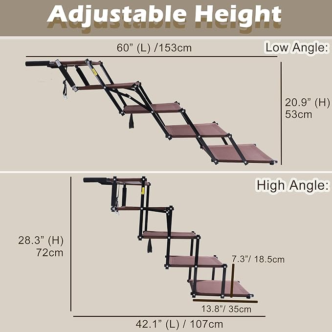 Dog Stairs for Car, 5 Steps Extra Wide Dog Ramps for Large Dogs, Foldable Lightweight Pet Steps for High SUV Truck Bed Couch, Heavy Duty Anti-Scratch Climbing Ladder, 110lbs Capacity