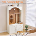HOOBRO Cat Tree with Litter Box Enclosure, 58.7"H Hidden Cat Litter Enclosure Furniture, All-in-One Modern Cat Tree with Food Bowl, Sisal Scratching Post, and Dangling Ball, White and Walnut WH82MZ03