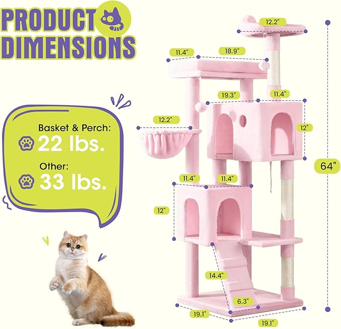 WEEWAY 63in Cat Tree Tower for Indoor Cats, Multi-Level Activity Center with Unique Feline Ear-Style Perch, 2 Cozy Condos, Climbing Ladder, Sisal Scratching Posts, Hanging Balls, Pink