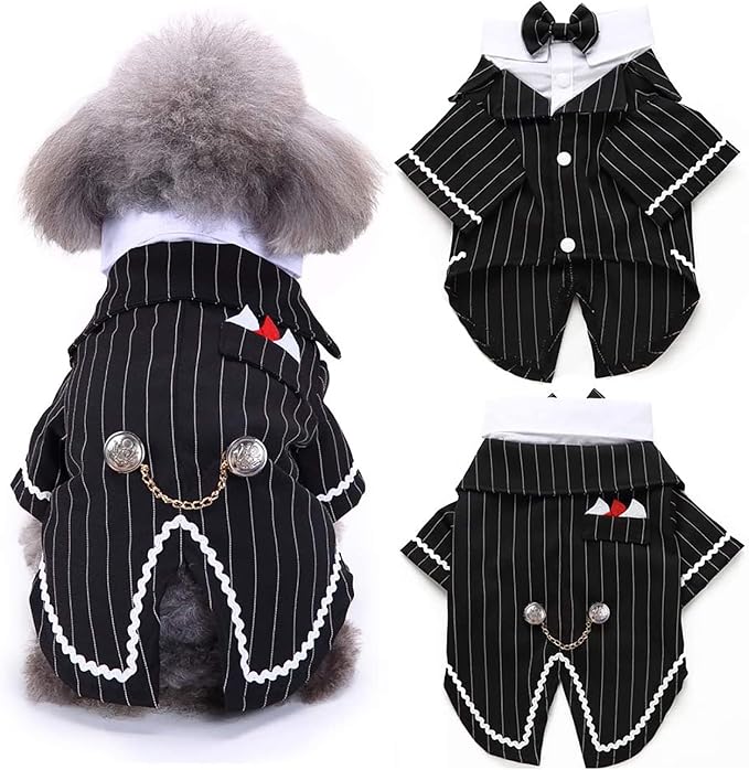 DENTRUN Dog Tuxedo Suit with Bow Tie - Formal Black & White Striped Pet Costume Shirt, Elegant Wedding Outfit Birthday Party Attire for Maltese Dachshund Corgi Beagle Medium Large Dogs, L