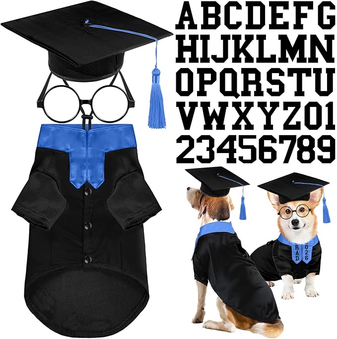 5 Pcs Dog Graduation Costume Set Include 2026 Pet Graduation Gown with Stole Puppy Grad Cap Lensless Glasses DIY Letter Stickers for Dogs Cats Holiday Costume Accessory(Black Royal Blue,L)