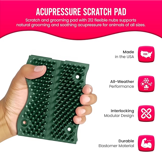 The Original ScratchnAll Animal Scratch Pad, Flexible Acupressure Nubs & Interlocking Design, Very Durable & All-Weather, Great for Domestic, Barnyard and Zoo Animals - USA Made, Hunter Green (4 Pack)