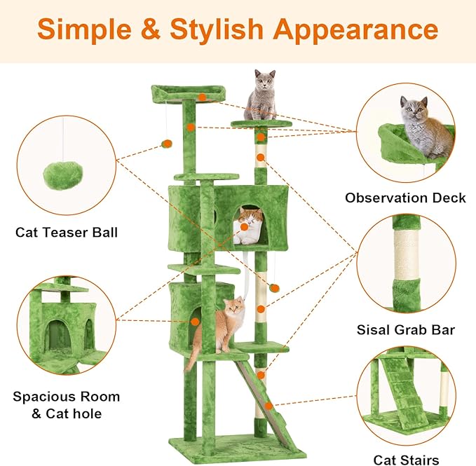 Cat Tree 69.3 inches Cat Tower for Indoor Cats Cat House with Replaceable and Removable Dangling Ball Cat Trees and Towers with Funny Toys, Green