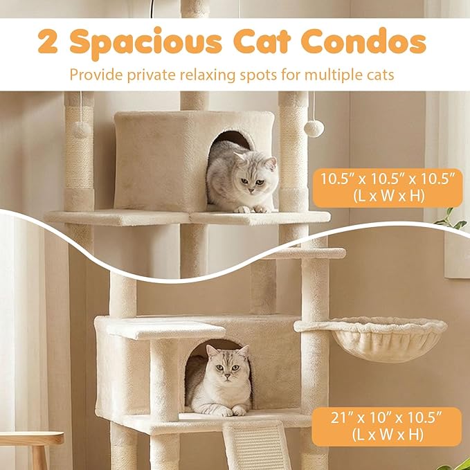 Tangkula 65 Inch Tall Cat Tree, Multi-Level Cat Tower with Sisal Scratching Posts & Board, 2 Condos, 3 Plush Top Perches, Adjustable Basket, 3 Hanging Balls for Indoor Cats (Beige)