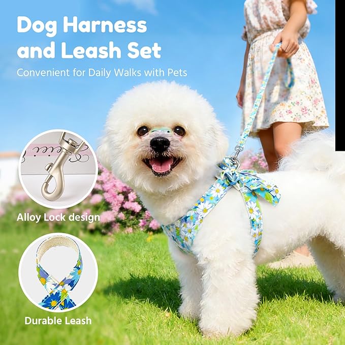 BAEJMJK Dog Harness and Leash Set with Bow Knot No Pull Pet Daisy Floral Harness with D-Ring Soft Mesh Dog Harness Vest Set Escape Proof Princess Puppy Harness for Small Girl Dogs Cats（Blue A S）