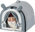 Jiupety Cat Houses for Indoor Cats, Cave Bed with Door Curtain Design, Cute Portable Beds with Reversible Washable Cushion, S Size Up to 6 lb Cat and 4 lb Dog, Non-Slip Bottom, Grey