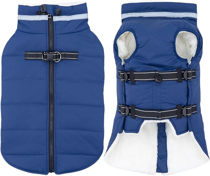 Mklhgty Large Dog Coat with Harness Built-in, Waterproof Reflective Fleece Lined - Warm Windproof Winter Jacket with Back Zipper, Cold Weather Snow Dog Coats - Blue - 2XL