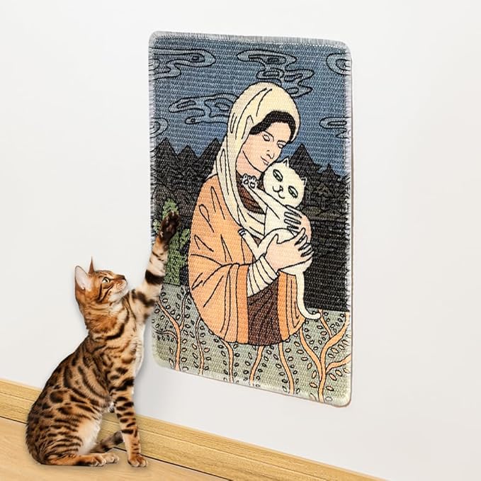 NATUAY Cat Scratcher Sisal Mat Furniture Protector for Wall Couch Carpet Door Mounted, Self-Adhesives Artistic Cats Scratcing Pad with Twist Pins (Mom and Cat, 23.6"x15.8")