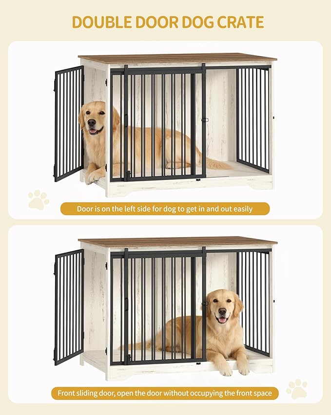 43.3" Dog Crate Furniture with Barn Door, Heavy Duty Dog Kennel Indoor with 2 Doors, Wooden Pet Cage End Table for Large Small Medium Dogs, Anti-Chew Anti-Escape, White Brown DFC92314B