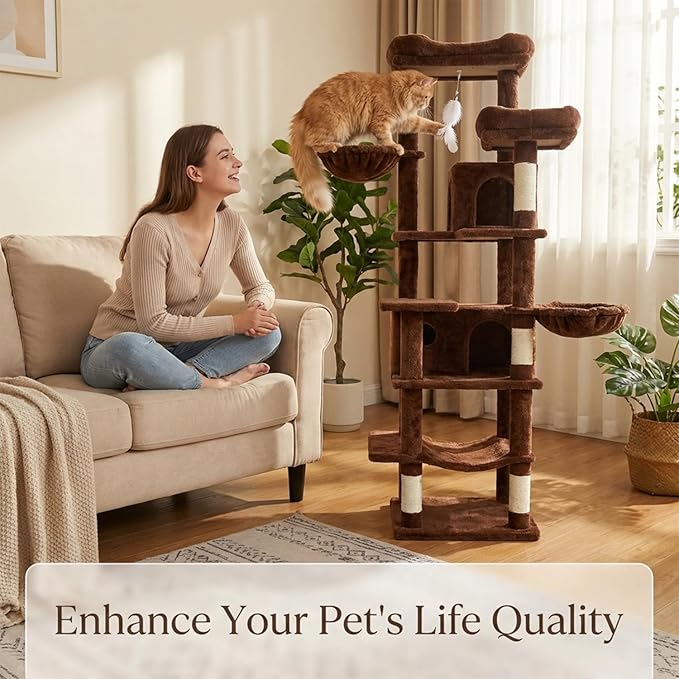 68" Tall 6-Level Plush Cat Tree Tower – Multi-Cat Furniture with Hammocks, Cats Cave, Removable Cushions & Sisal Scratching Posts | Indoor Playground for Cozy Naps & Claw Care