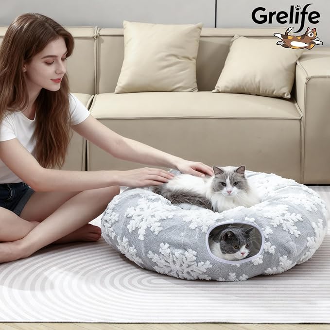 Grelife Cat Tunnel Bed for Indoor Cats, Cute Cat Tunnel Toys, Cat Donut Tunnel Toys with Washable/Removable Cushion, Non-Slip Base, for Cats, Kittens, Small Pets(33.4")