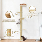 PAWSCRAT Wall-Mounted Cat Tree, 5 Tier Floor to Ceiling Cats Tower, 80 Inch Wall-Mounted Cat Scratching Post, Space Saving Cat Furniture and Easliy Climb for All Cats, Beige