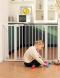 Babelio Metal Baby Gate, 29-48" Auto Close Easy Install Pet Gate, Extra Wide Walk Thru Child Safety Gate, Pressure Mounted Dog Gate for Doorways & Stairs, with Y Spindle Rods, White