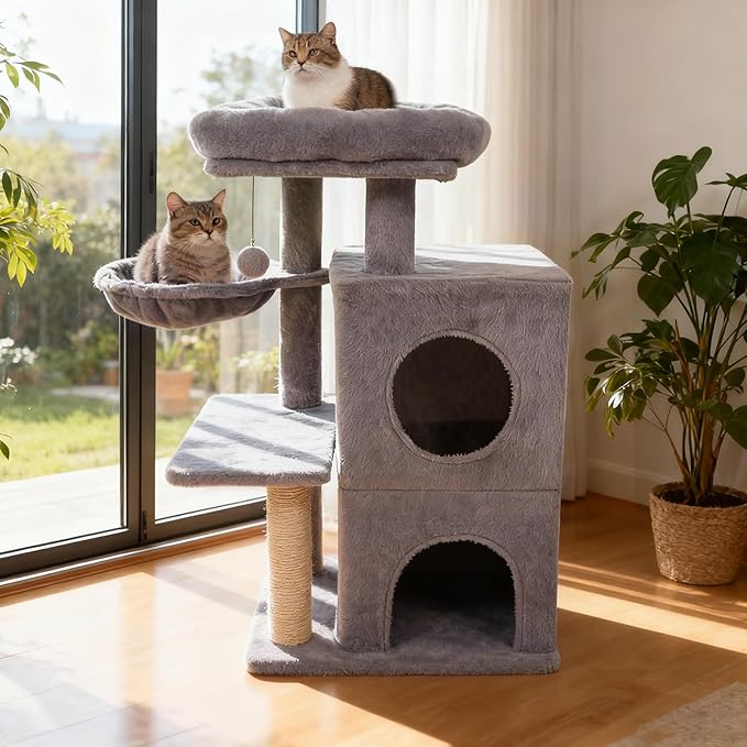 Tangkula Cat Tree Tower, 33.5 Inch Cute Cat Tower with 2-Tier Large Condo, Sisal Scratching Posts, Padded Top Perch, Dangling Toy, Rotatable Cozy Basket, Cat Climbing Furniture (Light Gray)