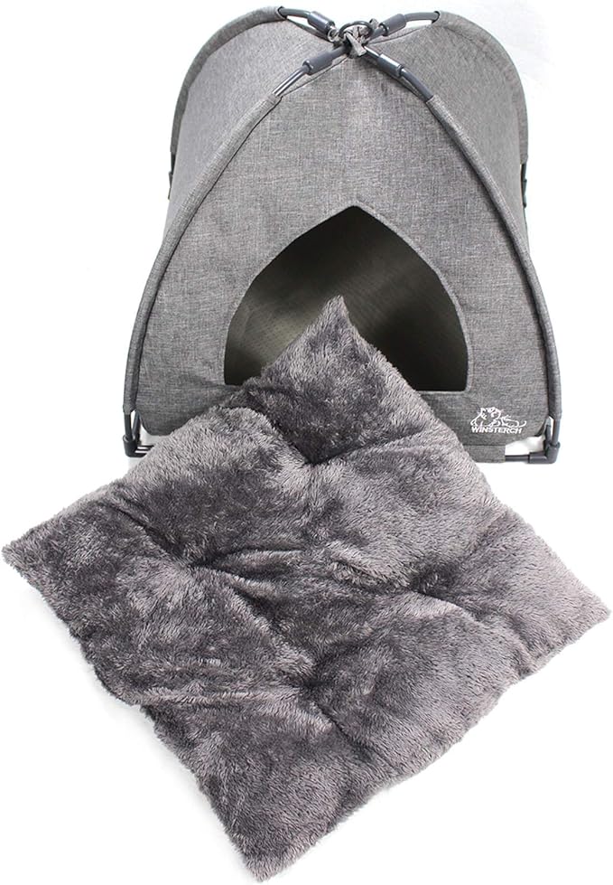 Winsterch Cat Bed Cave for Indoor Cats, Small Pet Tent Cave for Cats, Kittens, and Small Dogs, Warming Cat House with Removable Washable Cushion (18.5'‘ x 18.5’' x 15.8'', Grey)