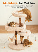 59" Modern Cat Tree Tower for Large Indoor Cats, Perches-Natural Solid Wood Cat Tower with Sisal Scratching Post, Perches, Hammock & PlayBalls, Aesthetic Boho Cat Furniture