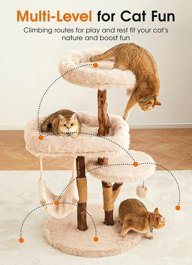59" Modern Cat Tree Tower for Large Indoor Cats, Perches-Natural Solid Wood Cat Tower with Sisal Scratching Post, Perches, Hammock & PlayBalls, Aesthetic Boho Cat Furniture
