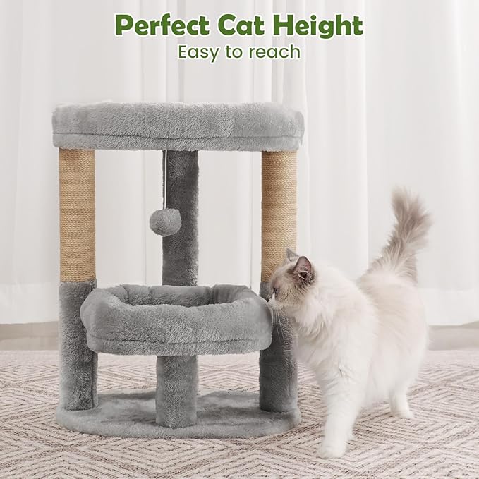 Cat Tree for Indoor Cats, 2-Tier Cat Tower with Padded Donut Beds, Stable Structure, Sisal Scratching Posts & Hanging Ball Toy, Modern Cat Furniture (Light Grey)