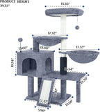 Cat Tree with Cat Condo and Hammock,Cat Tower with Self-Grooming Brush,Toy Balls,Scratching Posts and Scratching Pads,Cat Tree Tower for Indoor Cats,Grey