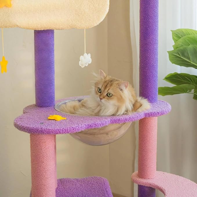 Happy and Polly 52.8 inch Moonlight Cat Tree with Celestial Moon and Star Pendants, Purple Plush Cat Tower with Hammock and Multi Level Perches