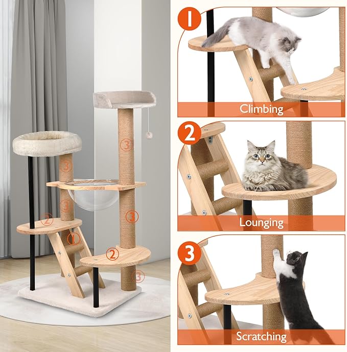 Solid Wood Cat Tree, 40" Tall Wooden Tower for Cats with Scratching Posts, Plush Perch, Large Space Capsule, Platforms, Removable Pads Heavy-Duty Indoor Cat Furniture Toys (Natural)