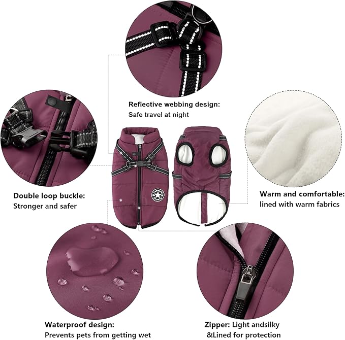Aiboria Dog Jackets Coat for Winter Windproof Waterproof Skiing Fleece Warm Dogs Vest with Chest Strap Belt Purple M