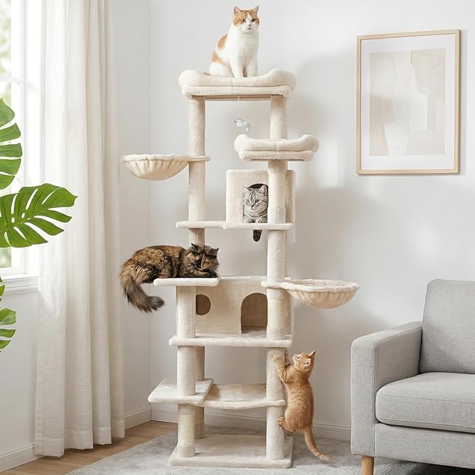68 Inches Multi-Level Large and Tall Cat Tree Tower for Indoor Cats/Removable Pad/Cat Condo/Sisal Scratching Posts/Hammock/Cat Activity Center/Wide Base