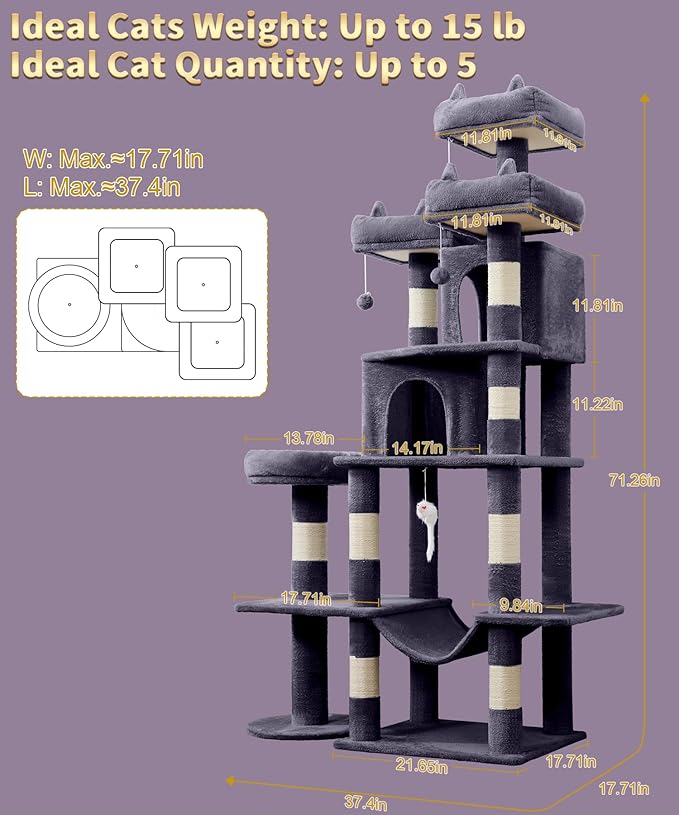Heavy Duty Cat Tree for Indoor Cat, 71 Inch Large Cat Tower with Scratching Post and Top Perch, Hammock, Big Cat Condo for Adult Cats Kittens, PMT03DG, Dark Grey