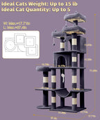 Heavy Duty Cat Tree for Indoor Cat, 71 Inch Large Cat Tower with Scratching Post and Top Perch, Hammock, Big Cat Condo for Adult Cats Kittens, PMT03DG, Dark Grey