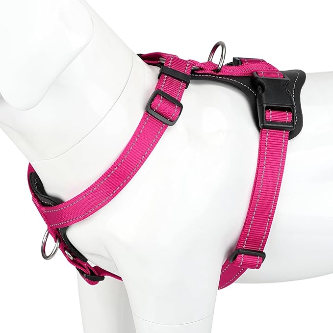Plutus Pet Adjustable No Pull Dog Harness with Leather Accents, Heavy Duty Reflective Nylon Vest for Training, Hiking, Easy Walk Harness for Small, Medium, Large Dogs (Hot Pink, XL)