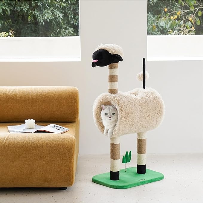 ZEZE Tunnel Cat Tree Condo for Indoor Cats, Animal-Themed Cat Tower with Cozy Tunnel Hideout, 3 Sisal Scratching Posts, Hanging Ball Toy, Thick Base (Sheep)