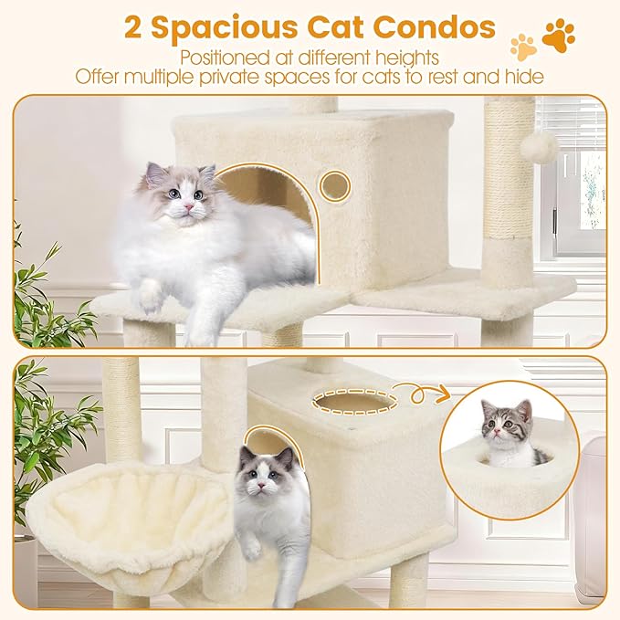 Tangkula 66 Inch Tall Cat Tree, Multi-Level Cat Tower with Sisal Scratching Posts, 2 Condos, Plush Perch, Hammock, Basket, Dangling Toys, Cat Climbing Furniture for Indoor Cats (Beige)