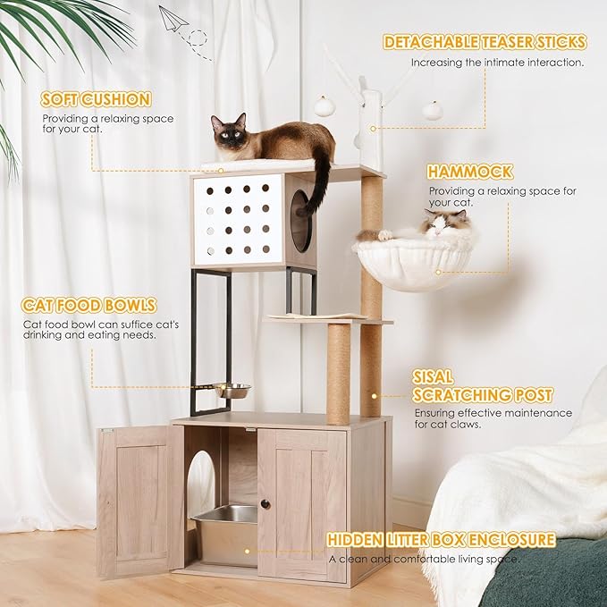 Modern Cat Tree with Litter Box Enclosure Multi-Level Cat Condo with Scratching Posts, Feeding Bowl, Pompom Toys & Odor Control, Gray