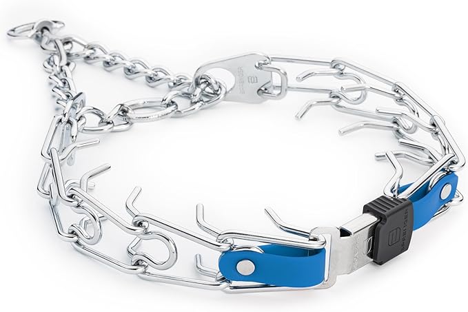Herm Sprenger Chrome Plated Steel Dog Collar with Quick Release ClicLock Buckle and Biothane Insert Training Collar for Dogs Made in Germany (Cerulean Blue, 25in x 4.0mm(Neck Size up to21-22in))
