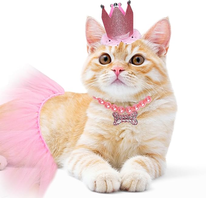 Dog Party Supplies Set - Pink Tutu Skirt, Birthday Hat, Necklace for Puppy Cat Halloween Wedding Costume
