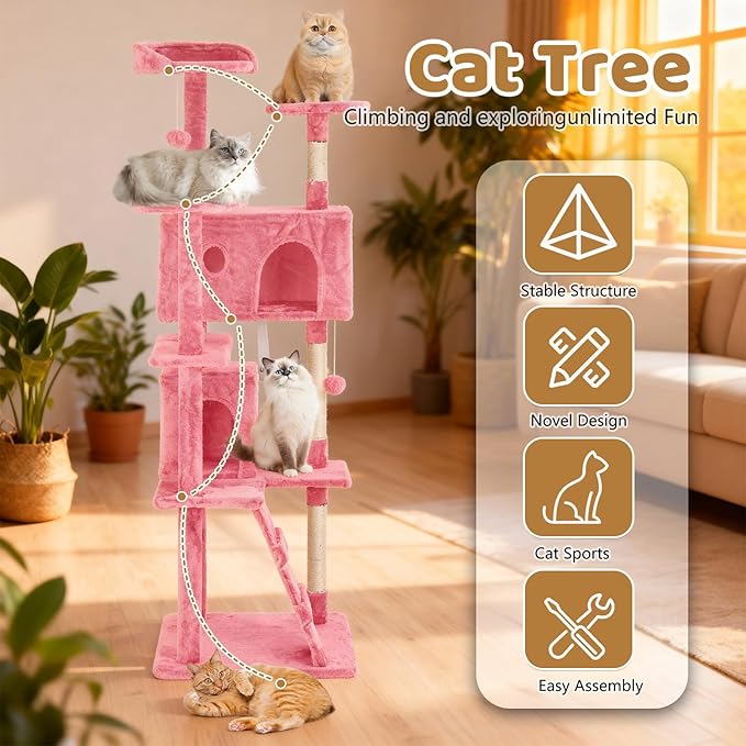 BestOffice 70 Inch Cat Tree, Multi-Level Cat Tower with Condo, Perches, Sisal Scratching Posts, Climbing Ladder,Indoor Activity Center Play House for Kittens & Adult Cats,Pink