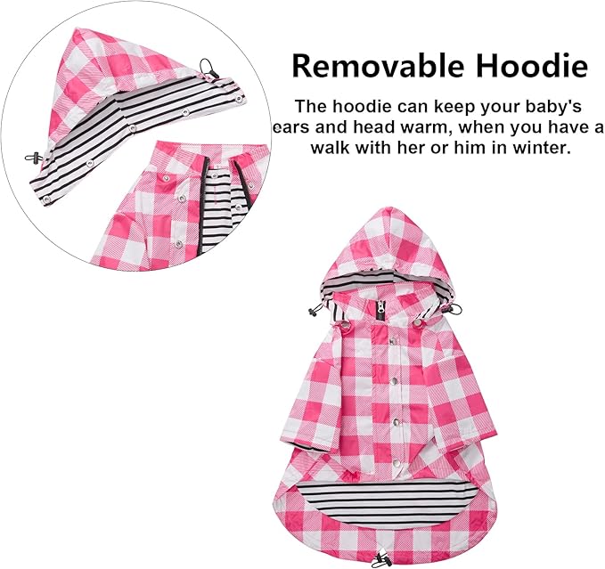 Dog rain Coat Waterproof Raincoat Puppy Jacket with Legs Buttons Zipper Hood Drawstring Fit for Yorkie Terrier Schnauzer Poodle Border Collie Labrador Golden Retriever 8lbs to 80lbs Pink M
