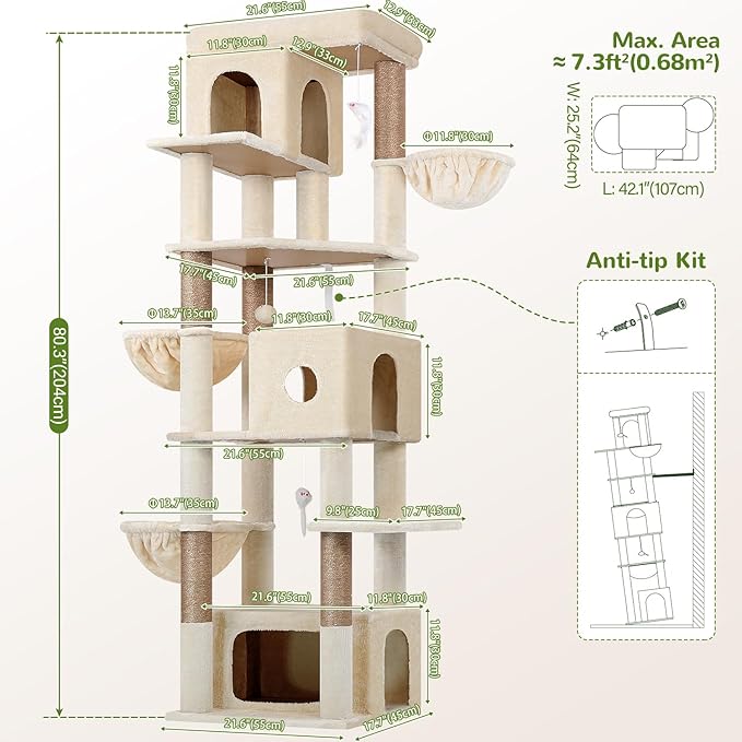 Globlazer Large Cat Tree, 80 inch Multi-Level Tall Climbing Tower Kitty Condos Cat Scratching Tower for Indoor Multiple Large Adult Cats Kittens with 3 Cat Caves, 3 Hanging Baskets, F80F, Beige