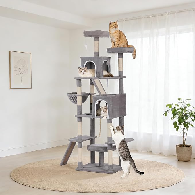 Multi-Level Cat Tree Large Cat Tower with Scratching Posts, Cat Condo for Adult Cats Kittens, Perches and Hammock (Light Gray)