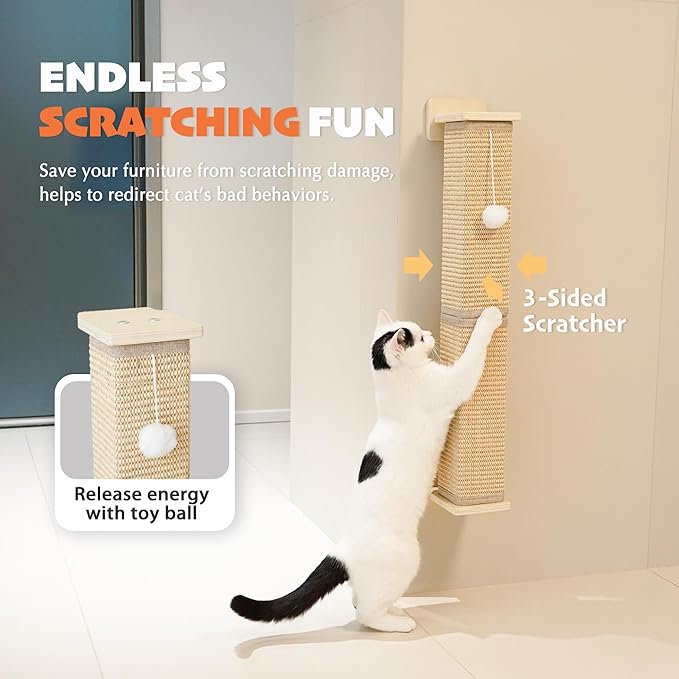 PETKARAY Wall Mounted Cat Scratcher, 30" Large Sisal Cat Scratcher for Wall, Square Sisal Cat Scratching Post with Toy Ball